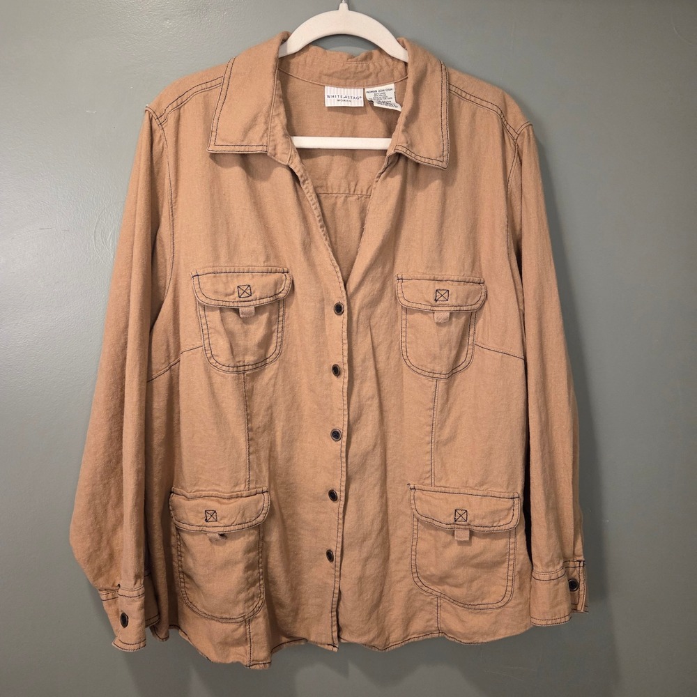 White Stag Women's Linen Blend Utility Button Up Shirt Jacket Size‎ 22W/24W Tan